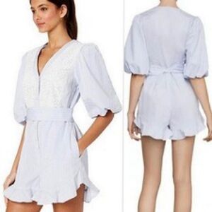 BCBGMaxAzria Light Blue Striped Lace-Trim Romper with Tie Waist